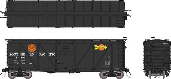 Class B-50-16 Boxcar - Rebuilt w/Viking Roof 6-Pack - Ready to Run -- Southern Pacific (Overnight Scheme, black, red, yellow)