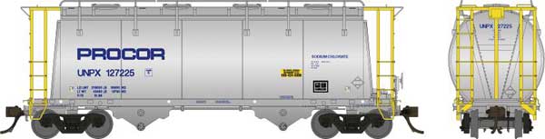 Procor 3,000 Cubic Foot Aluminum Covered Hopper w/Handrail - Ready to Run -- Procor Ltd. UNPX Random from Set #2 (aluminum, yellow, blue Procor Lettering
