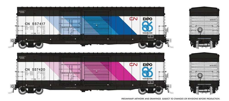 NSC 5304 Plug & Sliding Door Boxcar 2-Pack - Ready to Run -- Canadian National (Expo 86 Schemes, black, red,1 each: blue, purple)