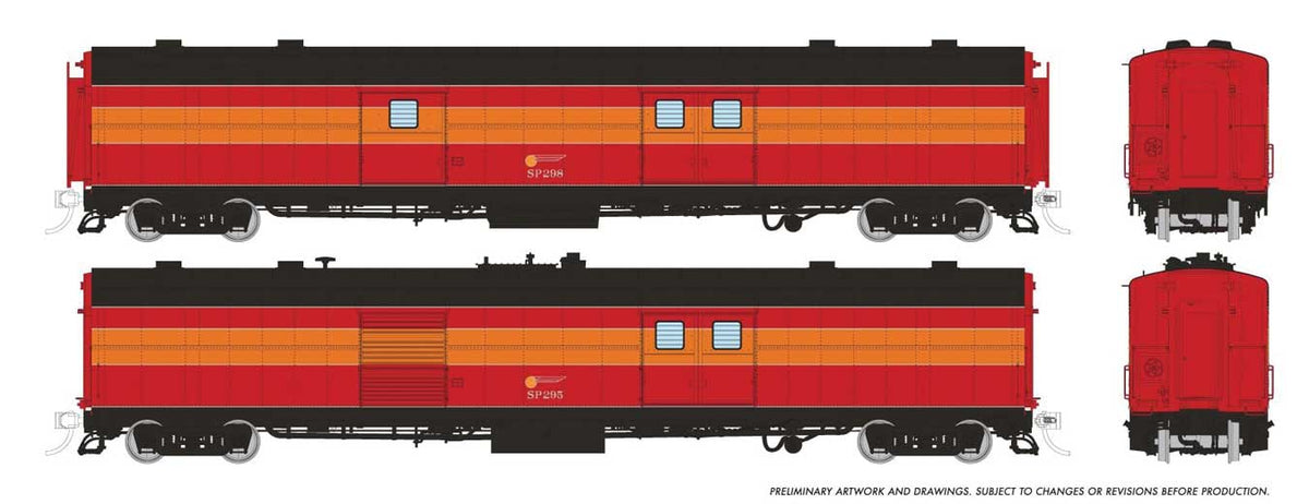 PC&F Econo Baggage Car/Power Car Set with Sound - Ready to Run -- Southern Pacific #298, 295 (Business Scheme, Daylight, red, orange, black)
