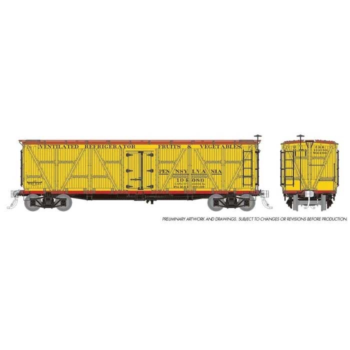 FGE Class R7 Wood Reefer 3-Pack - Ready to Run -- Pennsylvania Railroad (Pre-1920, yellow, Boxcar Red)
