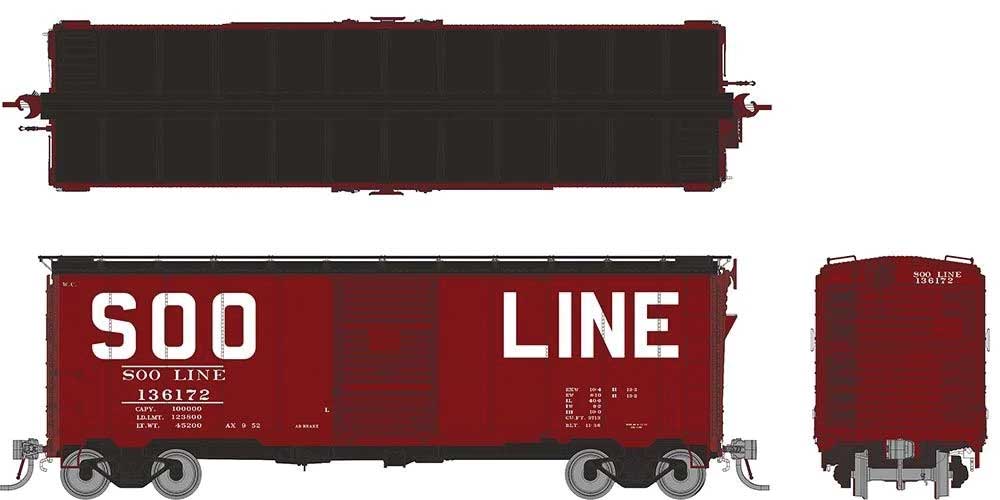 1937 AAR 40' Boxcar w/Square Corner 6-Pack - Ready to Run -- Soo Line Set #1 (Boxcar Red, black, Large Squared Roadname)