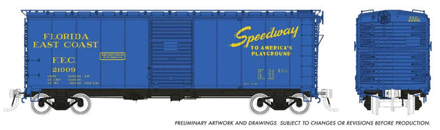 1937 AAR 40' Boxcar w/Round Corner - Ready to Run -- Florida East Coast (blue, yellow Speedway Slogan)