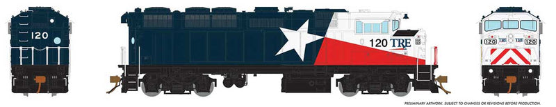 GMD F59PH - Standard DC -- Trinity Rail Express TRE 120 (solid blue, red, white)