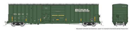 Trenton Works 6637 Cubic Foot Combination-Door Boxcar 6-Pack - Ready to Run -- BC Rail Set #1 (Weathered, green, yellow conspicuity marks)