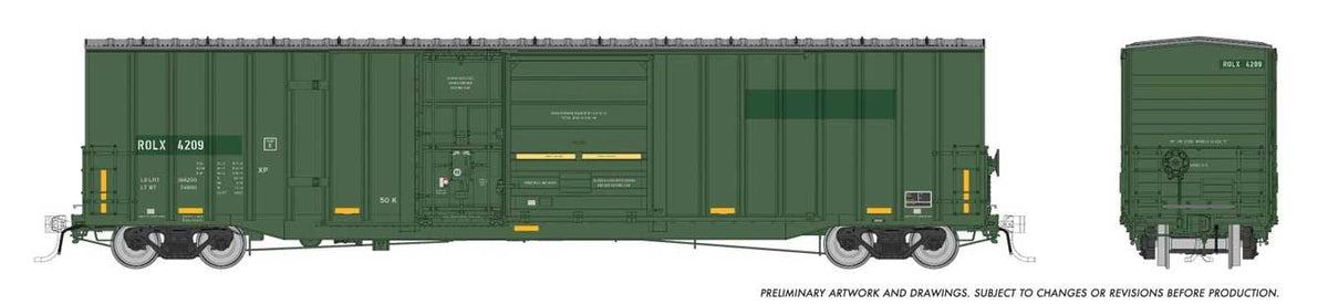 Trenton Works 6637 Cubic Foot Combination-Door Boxcar - Ready to Run -- Railroad Of Lies ROLX #4212 (green, yellow conspicuity marks)