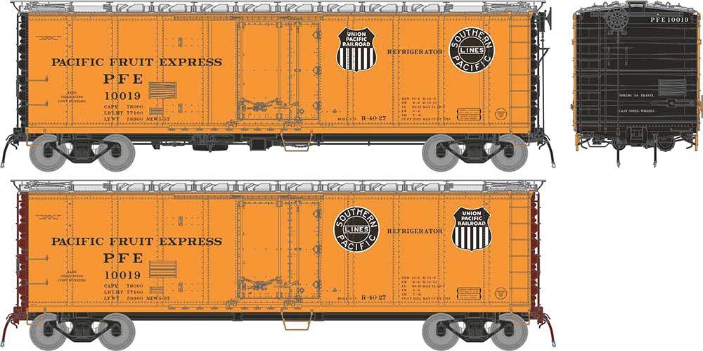 Class R-40-27 Steel Reefer 6-Pack - Ready to Run -- Pacific Fruit Express (Set #1, 1957 Scheme; orange, black, silver)