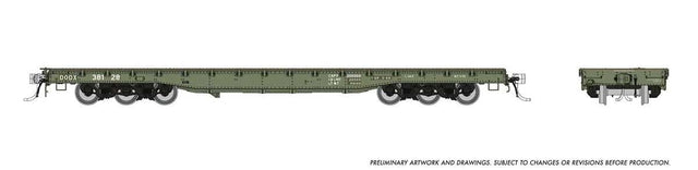 Magor 54' Department of Defense (DODX) Flatcar 6-Pack - Ready to Run -- United States Army DODX (Early Patched Reporting Marks, olive, white)