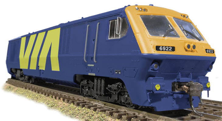 Bombardier LRC - Standard DC - Super Continental Line(TM) -- VIA #6922 (Test Scheme; blue, yellow; Full Carbody-Height VIA Logo)