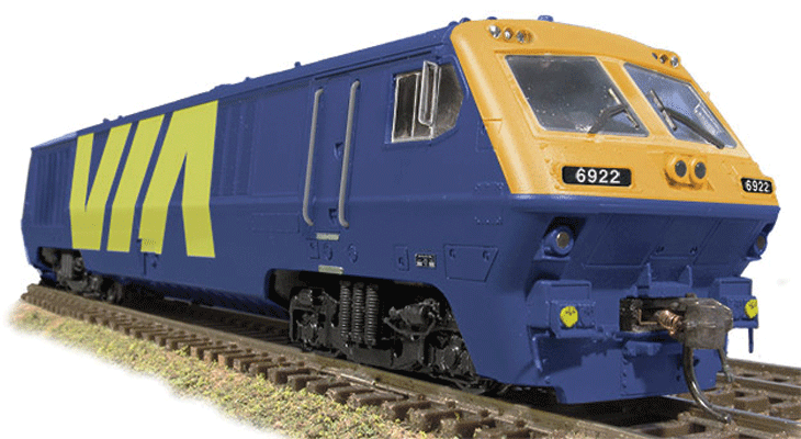 Bombardier LRC w/Sound & DCC - Super Continental Line(TM) -- VIA #6922 (Test Scheme; blue, yellow; Full Carbody-Height VIA Logo)