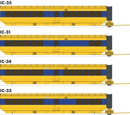 UAC TurboTrain Add-On Coach (2022 Ver.) 4-Car Completion Set - Ready to Run -- VIA Rail Canada #203-226-251 & IC-34 #261 (yellow, blue)