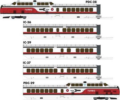 UAC TurboTrain 5-Car Passenger Train-Only Set (2022 Ver.) - Sound & DCC Equipp -- Amtrak #52, 73, 74, 57, 53 (Early Scheme; white, red, blue)
