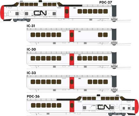UAC TurboTrain 5-Car Passenger Train-Only Set (2022 Ver.) - Sound & DCC Equipp -- Canadian National #126-201-256-228-151 (white, red, black)