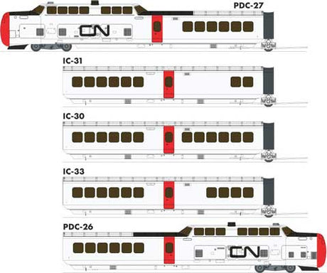 UAC TurboTrain 5-Car Passenger Train-Only Set (2022 Ver.) - Sound & DCC Equipp -- Canadian National #126-201-256-228-151 (white, red, black)