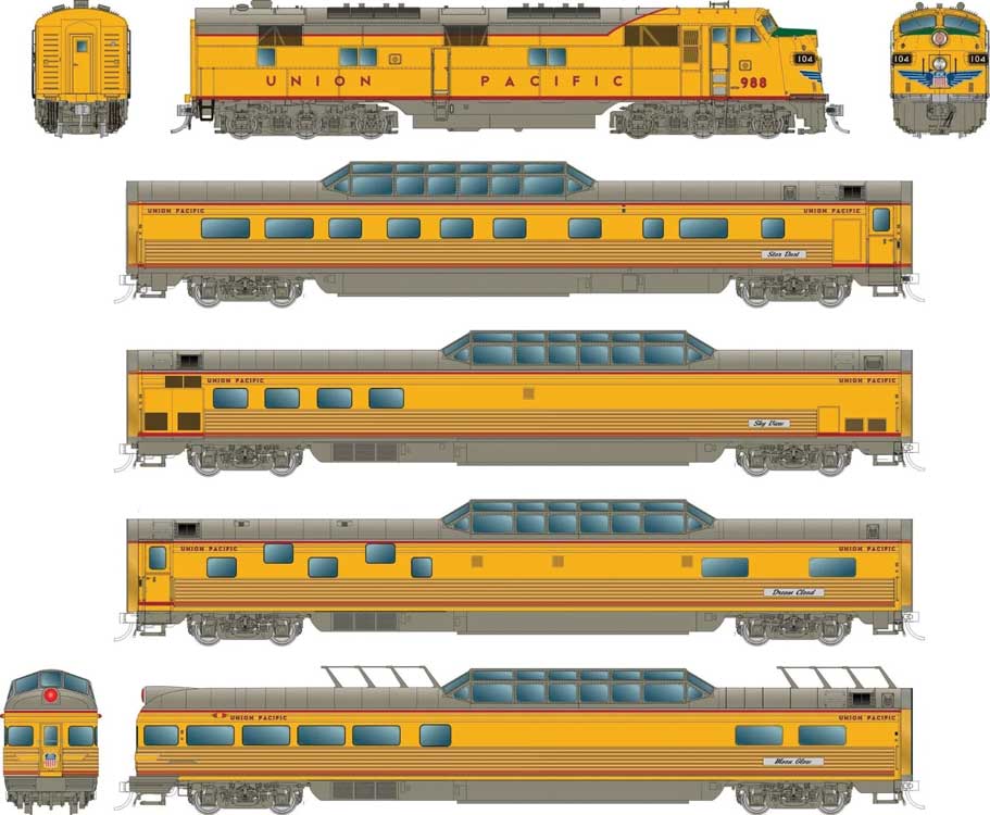 EMD Train of Tomorrow Train Only Set - Standard DC -- Union Pacific E7A #988, 4 Cars (Armour Yellow, gray, red)