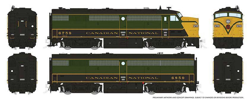 MLW FPA-2u - FPB-2u Set - Standard DC -- Canadian National 6759, 6859 (1954, green, black, yellow)