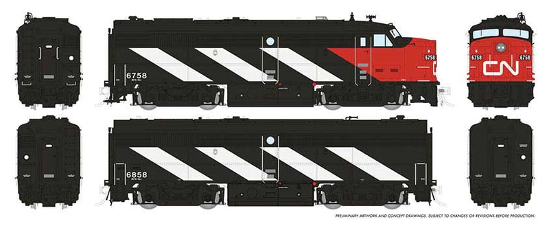 MLW FPA-2u - FPB-2u Set - Sound and DCC -- Canadian National 6758, 6858 (black, white, red, Noodle Logo, Stripes)