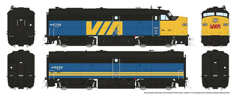 MLW FPA-2u - FPB-2u Set - Sound and DCC -- VIA Rail Canada 6758, 6858 (blue, yellow, red)
