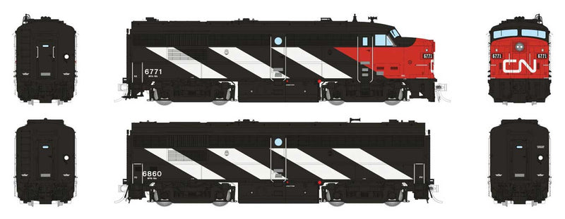 MLW FPA-4, FPB-4 Set - Sound and DCC -- Canadian National #6788, #6865 (Stripes, black, white, red, Noodle Logo)