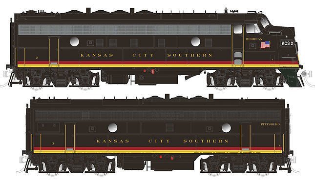 GMD FP9A/F9B Set  - Standard DC - True North -- Kansas City Southern #2, 3 (Southern Belle, red, black, yellow)