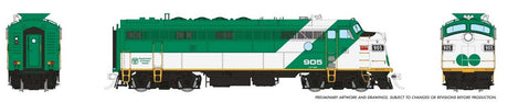 Auxiliary Power Control Unit FP7 APCU - Sound and DCC -- GO Transit #905 (green, white, Early Font Lettering)