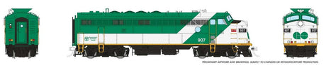 Auxiliary Power Control Unit FP7 APCU - Sound and DCC -- GO Transit #907 (green, white, Late Font Lettering)