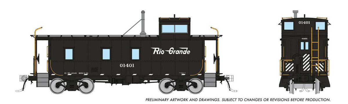 D&RGW End-Cupola Steel Caboose Early Modifications - Ready to Run -- Denver & Rio Grande Western #01401 (black, white, Flying Grande)