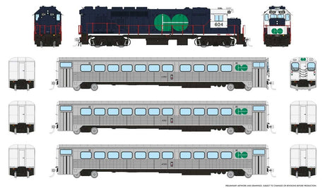 GP40TC, Cab Car & 2 Coach Train-Only Set - Standard DC -- GO Transit Blue Set #2 (Loco: 604 Cab: C757 Coaches: 4713 4726)