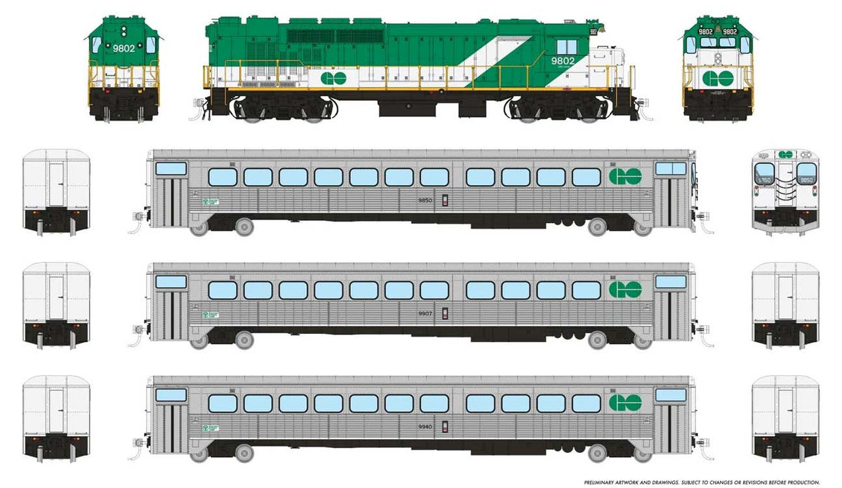 GP40TC, Cab Car & 2 Coach Train-Only Set - Standard DC -- GO Transit Early Green Set #1 (Loco: 9802 Cab: 9850 Coaches: 9907 9940)
