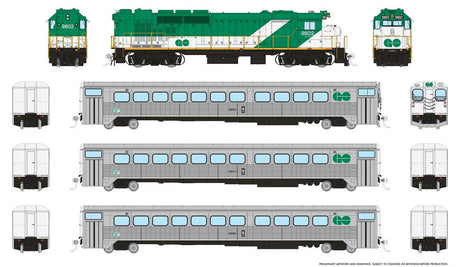 GP40TC, Cab Car & 2 Coach Train-Only Set - Standard DC -- GO Transit Early Green Set #1 (Loco: 9802 Cab: 9850 Coaches: 9907 9940)