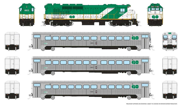 GP40TC, Cab Car & 2 Coach Train-Only Set - Standard DC -- GO Transit Early Green Set #1 (Loco: 9802 Cab: 9850 Coaches: 9907 9940)