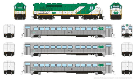 GP40TC, Cab Car & 2 Coach Train-Only Set - Standard DC -- GO Transit Early Green Set #2 (Loco: 9806 Cab: 9855 Coaches: 9933 9968)