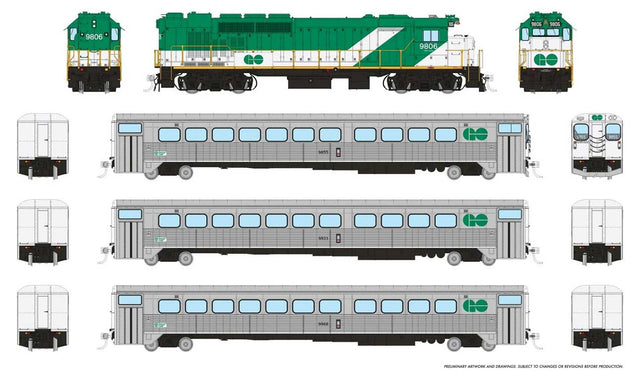 GP40TC, Cab Car & 2 Coach Train-Only Set - Standard DC -- GO Transit Early Green Set #2 (Loco: 9806 Cab: 9855 Coaches: 9933 9968)
