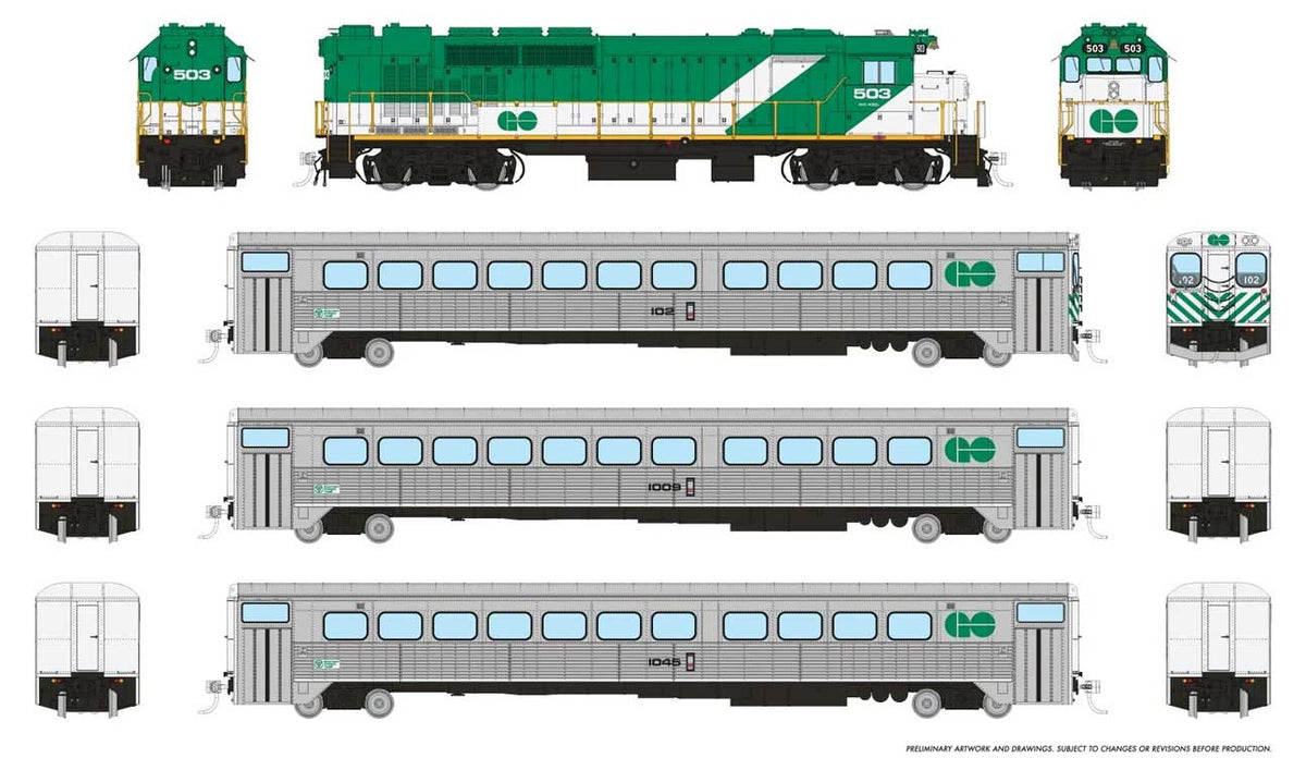 GP40TC, Cab Car & 2 Coach Train-Only Set - Standard DC -- GO Transit Early Green Set #3 (Loco: 503 Cab: 102 Coaches: 1009 1045)