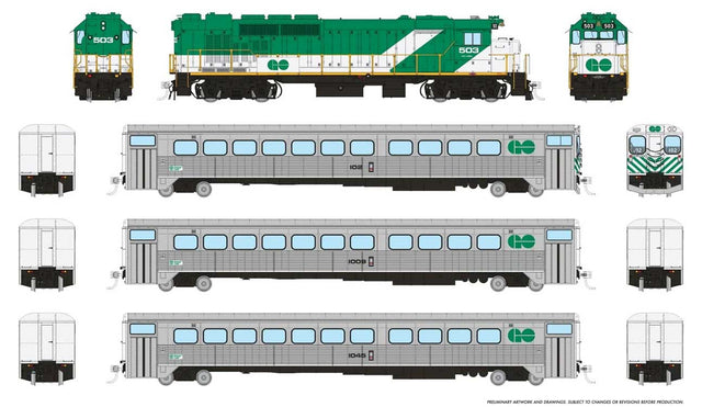 GP40TC, Cab Car & 2 Coach Train-Only Set - Standard DC -- GO Transit Early Green Set #3 (Loco: 503 Cab: 102 Coaches: 1009 1045)
