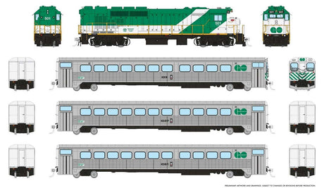 GP40TC, Cab Car & 2 Coach Train-Only Set - Standard DC -- GO Transit Late Green Set #1 (Loco: 501 Cab: 103 Coaches: 1037 1081)
