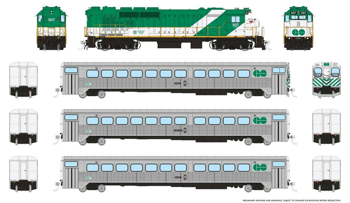 GP40TC, Cab Car & 2 Coach Train-Only Set - Standard DC -- GO Transit Late Green Set #2 (Loco: 507 Cab: 104 Coaches: 1064 1104)