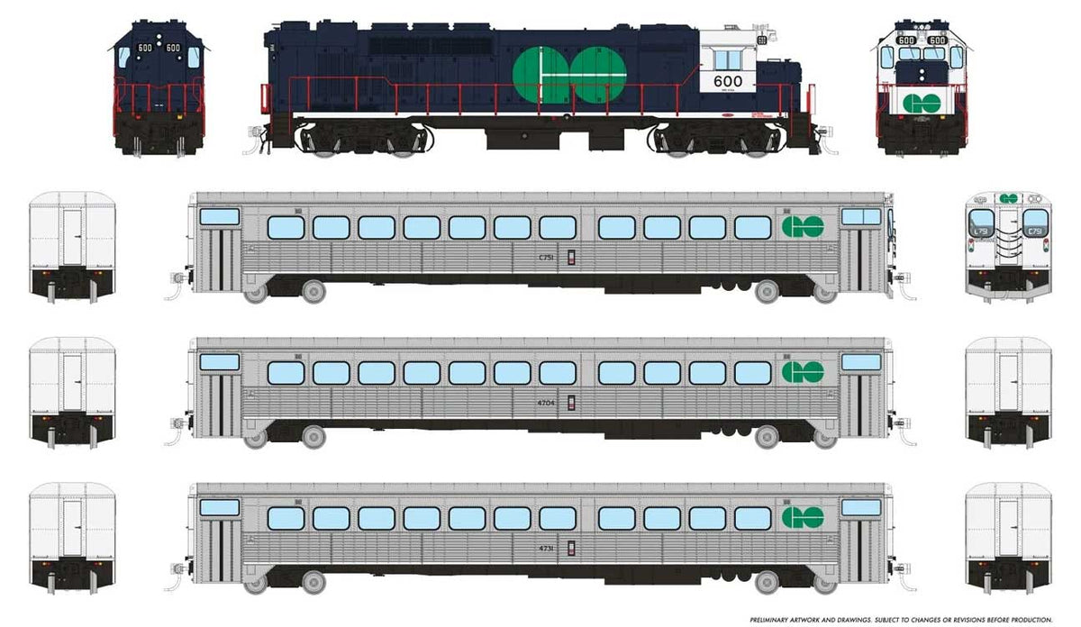GP40TC, Cab Car & 2 Coach Train-Only Set - Sound and DCC -- GO Transit Blue Set #1 (Loco: 600 Cab: C751 Coaches: 4704 4731)