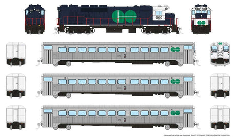 GP40TC, Cab Car & 2 Coach Train-Only Set - Sound and DCC -- GO Transit Blue Set #1 (Loco: 600 Cab: C751 Coaches: 4704 4731)