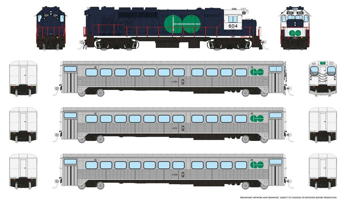 GP40TC, Cab Car & 2 Coach Train-Only Set - Sound and DCC -- GO Transit Blue Set #2 (Loco: 604 Cab: C757 Coaches: 4713 4726)