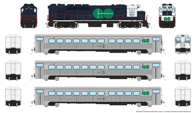 GP40TC, Cab Car & 2 Coach Train-Only Set - Sound and DCC -- GO Transit Blue Set #2 (Loco: 604 Cab: C757 Coaches: 4713 4726)