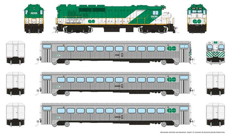GP40TC, Cab Car & 2 Coach Train-Only Set - Sound and DCC -- GO Transit Early Green Set #4 (Loco: 505 Cab: 106 Coaches: 1024 1053)