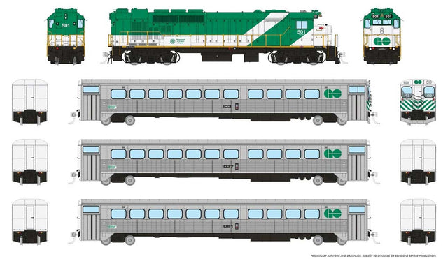 GP40TC, Cab Car & 2 Coach Train-Only Set - Sound and DCC -- GO Transit Late Green Set #1 (Loco: 501 Cab: 103 Coaches: 1037 1081)