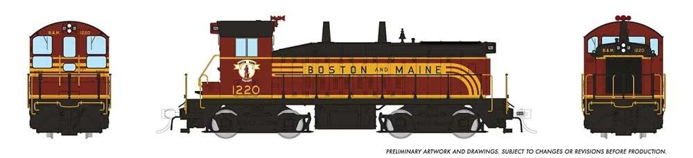 EMD SW9 - Standard DC -- Boston & Maine #1220 (As-Delivered, maroon, Harvest Gold)
