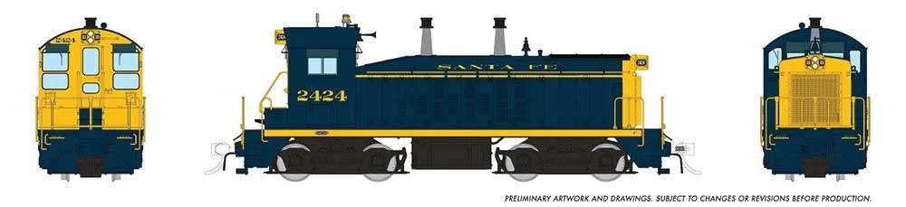 EMD SW9 - ESU LokSound and DCC -- Santa Fe  #2428 (Bookend, blue, yellow)