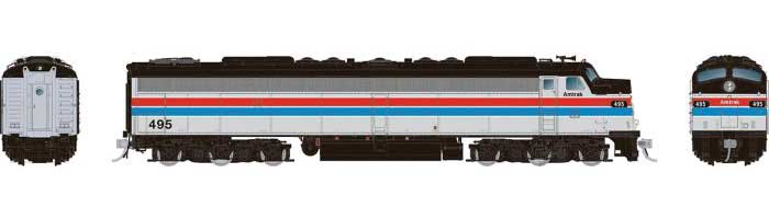 Rebuilt EMD E8A with Head-End Power HEP - Standard DC -- Amtrak #496 (Phase II, silver, red, blue, white, black)