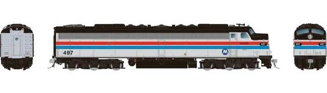 Rebuilt EMD E8A with Head-End Power HEP - Standard DC -- Metro North #497 (Ex-Amtrak Phase II, silver, red, blue, white, black, MN Lo