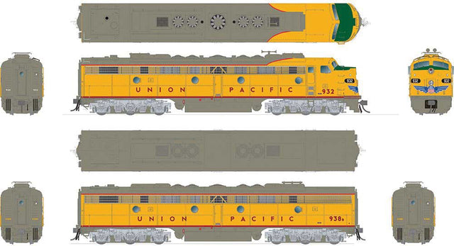 EMD E8 A-B Set - Sound and DCC -- Union Pacific 940, 941B (Armour Yellow, gray, red, Nose Wings)