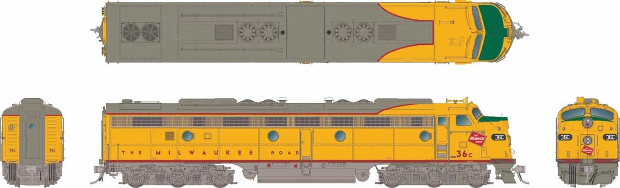 Modernized EMD E9A w/HEP - ESU LokSound and DCC -- Milwaukee Road #38A (Armour Yellow, gray, red)