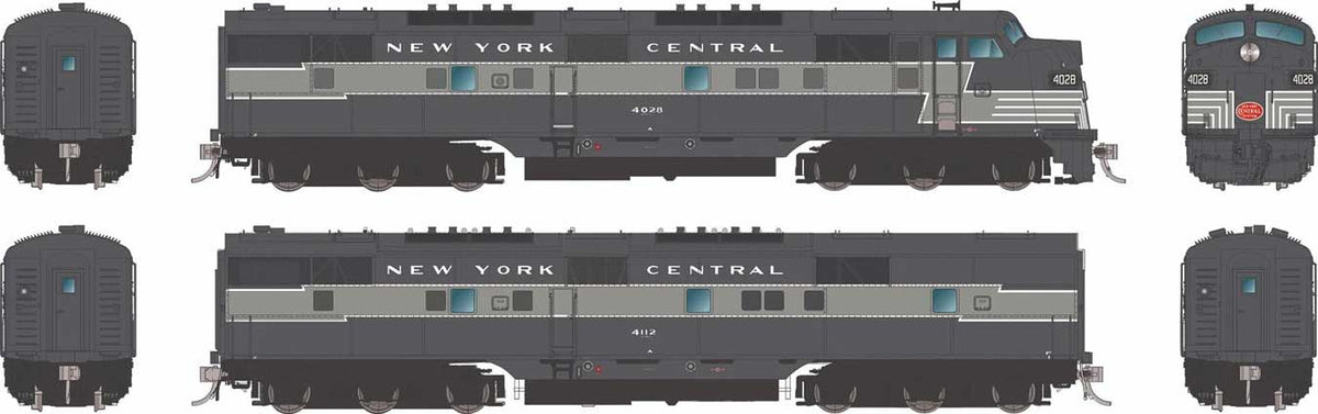 EMD E7A - E7B Set - Standard DC -- New York Central #4028, 4112 (Lightning Stripe, 2-Tone Gray)